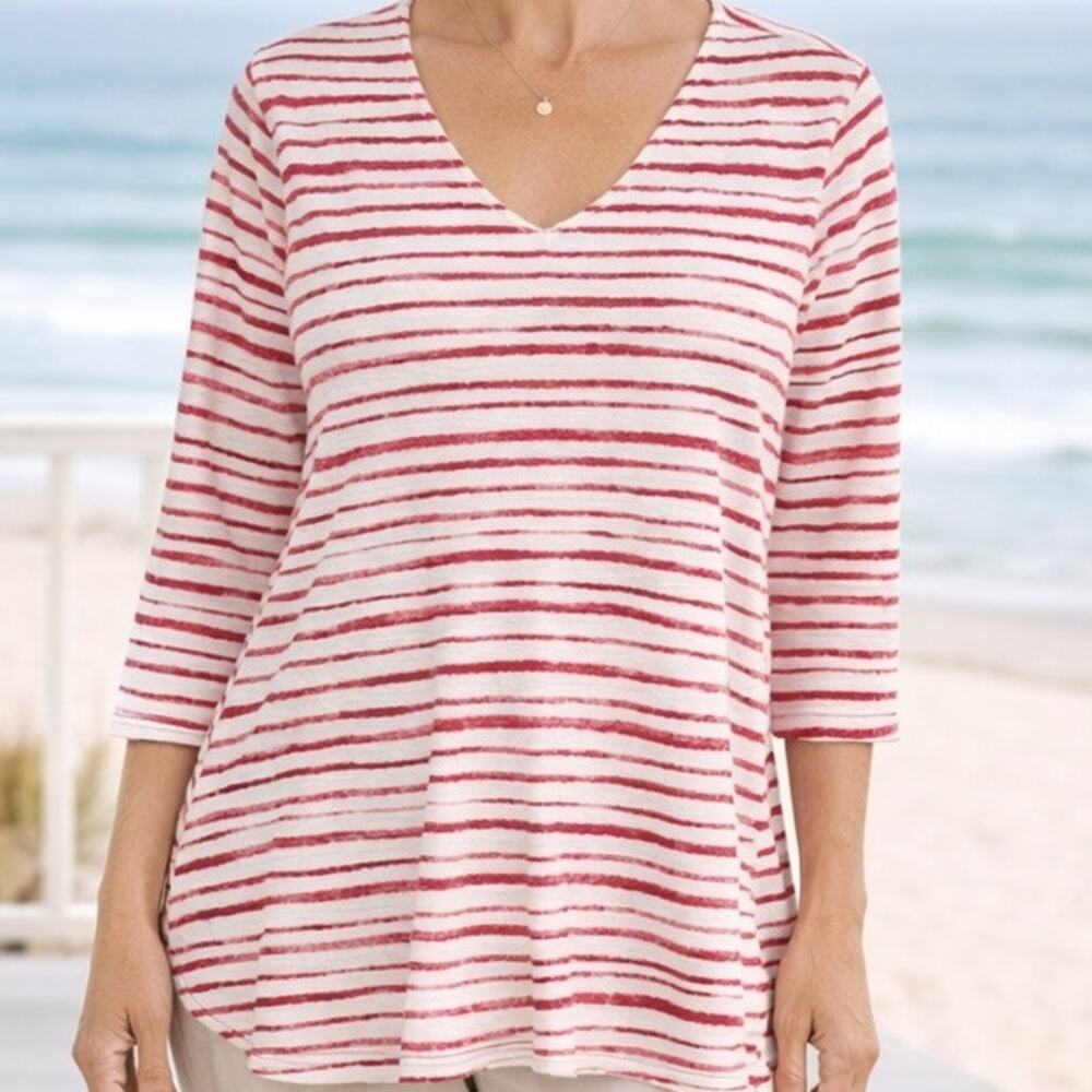Chicos The Ultimate Tee 1 Size Medium White Red Stripe V Neck 3/4 Sleeve